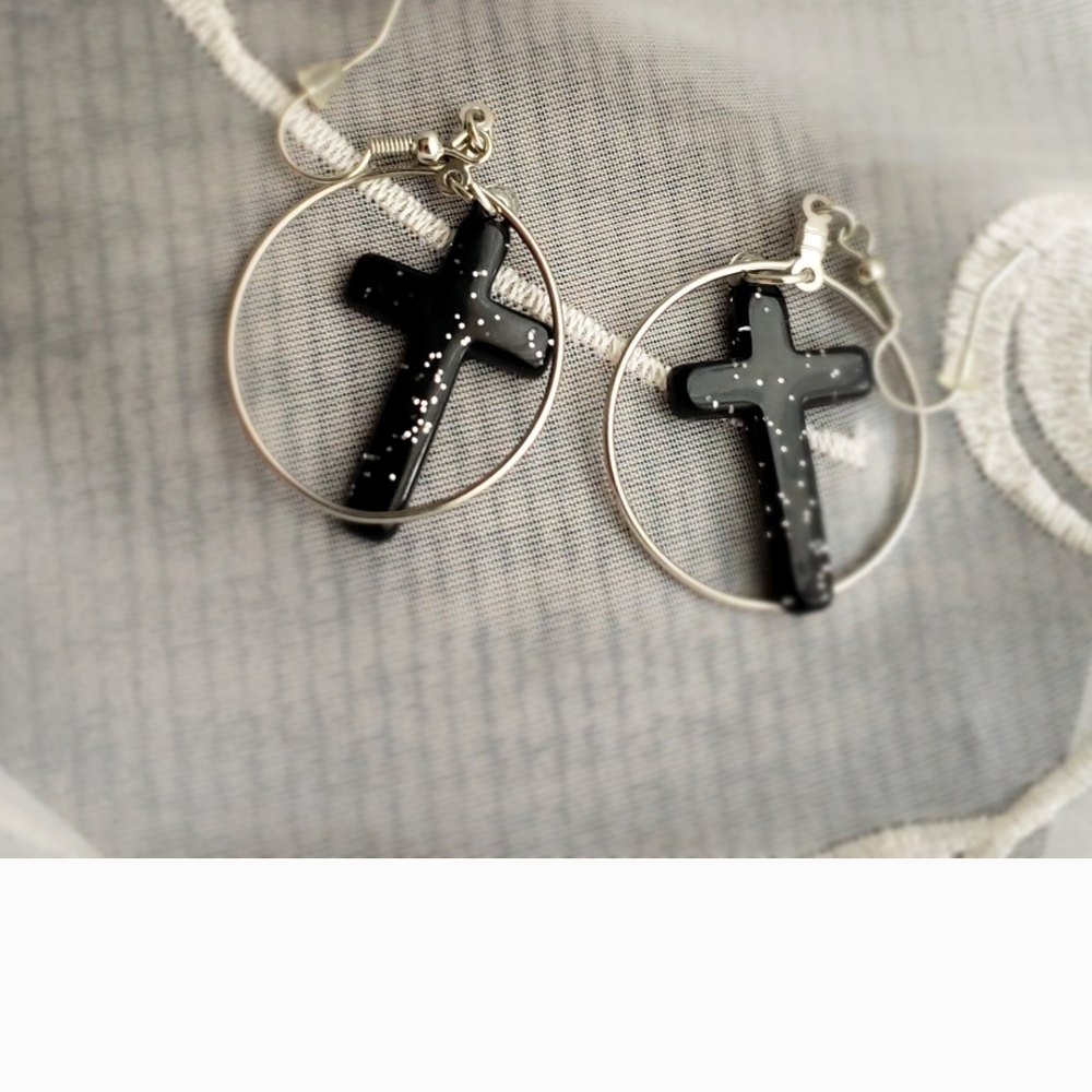 Black Cross Hoop Earrings